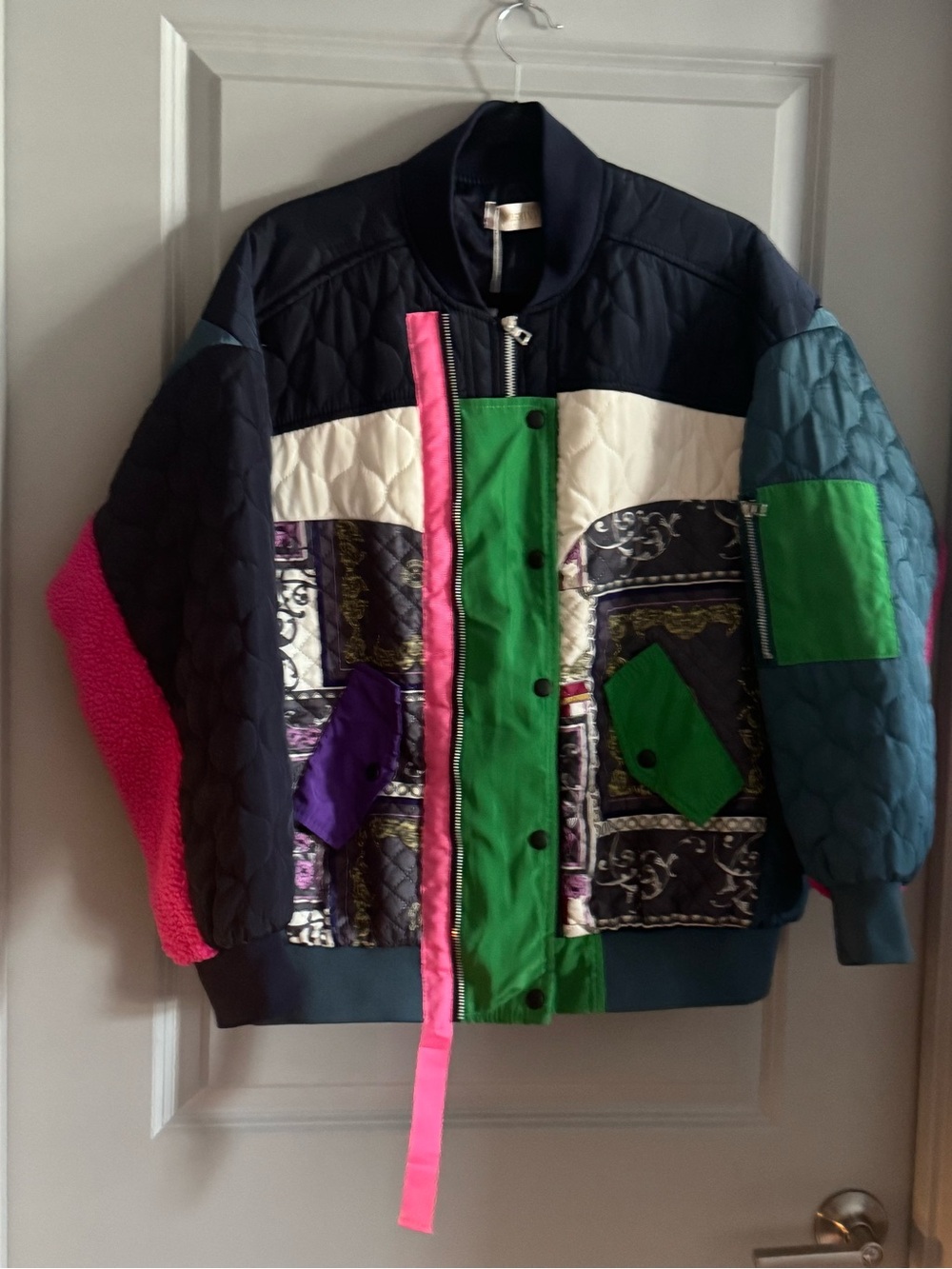 Colorblock Quilted Women’s Jacket with Green & Pink Accents size large